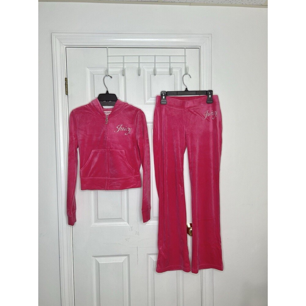 Juicy Couture Bling Velour Tracksuit Pink Party Rhinestone Logo Hoodie & Pants S